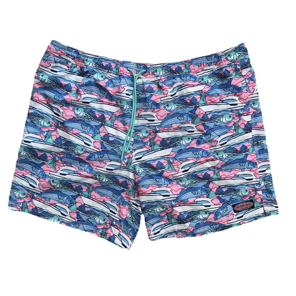 Vineyard Vines XXL Men's Swim Trunks with Fish and Boat Blue & Pink Pattern
